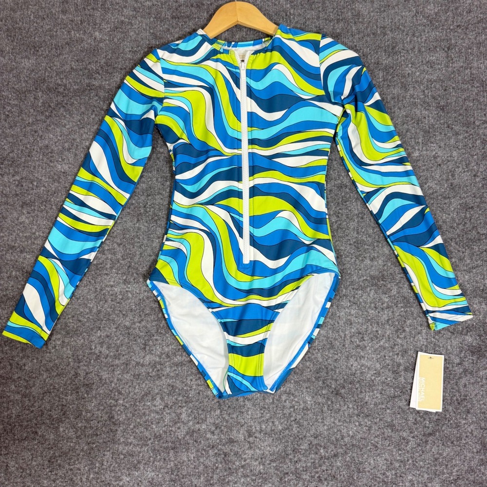 Michael Kors Rash Guard One Piece Swimsuit Women Size 6 Blue Green Retro NWT